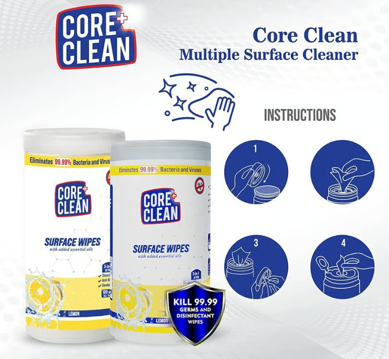 Core Clean Surface Wipes Lemon(100 Pulls)